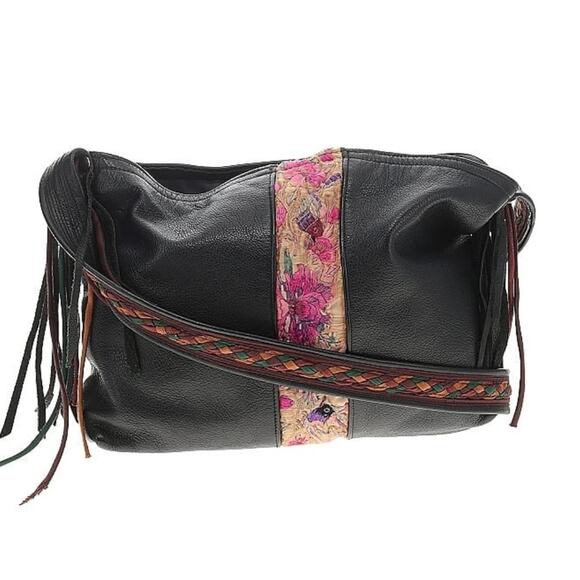 Handmade embroidered black leather Crossbody bag - Picture 1 of 10